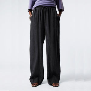 Pantalon évasé en lin personnalisable pour femmes XL coupe droite cordon de serrage Logo imprimé vert lavé Techniques lâche été Style bas quantité minimale de commande - Product Image 3