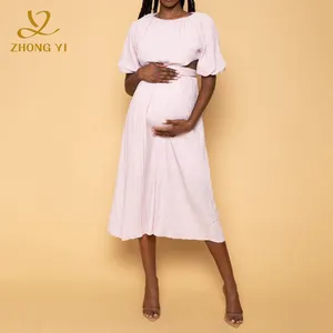 Design Maternity Clothes Short Puffed Sleeve Women Long Pattern Skirt Elasticized Hem Flowy Open Back Casual Pregnancy Dresses