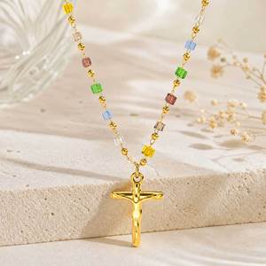 변색 방지 스테인리스 스틸 18K 금도금 화려한 천연석 비즈 십자가 펜던트 목걸이 여성용 Q360 - Product Image 4