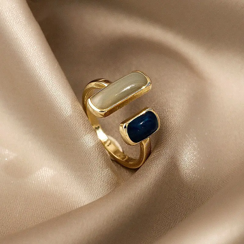 Необычные открытые кольца с настоящим золотым покрытием и драгоценным камнем, многоцветное агатовое кольцо для женщин