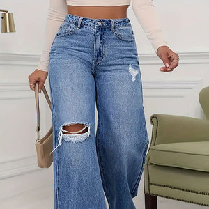 Jeans de Moda 2025 - Pantalones Vaqueros de Mezclilla para Mujer, Color Azul Claro, Cintura Alta, Largos hasta el Suelo, Desgastados, de Pierna Ancha y Recta - Product Image 5