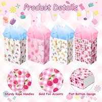 Lot de 4 petits sacs cadeaux avec papier de soie pour fête d'anniversaire féminine, 9 pouces, motif fraise, cerise, nœud et sucette, fabriqué en Chine