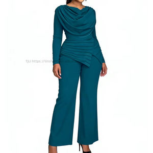 Women's <b>Flare</b>-Collar Straight-Leg Pants With Long Sleeves, Asymmetrical Solid-Color Jumpsuit Fashion - Product Image 1