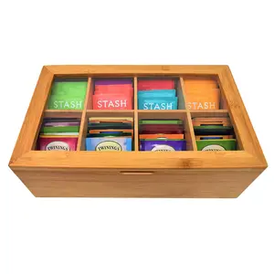 Caja de almacenamiento de té de madera con tapa bisagras, organizador de bolsas de té de bambú, 8 compartimentos