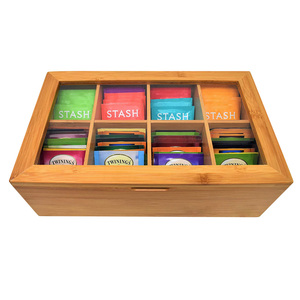 Low MOQ 8 Compartments Wood Tea Storage Box With Hinged Lid Bamboo Tea Bag Organizer