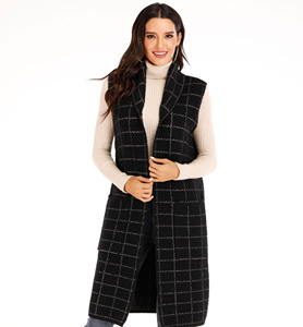 Plus Size Women's Suit Style Long Cardigan Sweater Vest <strong>Sleeveless</strong> Plaid Lapel <strong>Coat</strong> With Pockets - Product Image 5