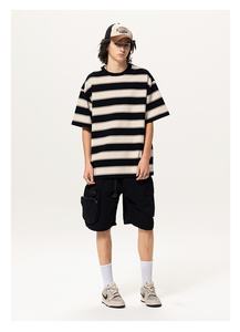 جودة عالية OEM مخصص الرجال عارضة مخطط القطن الثقيل تي شيرت عالية الشارع خمر جولة الرقبة تي شيرت للجانبين - Product Image 6