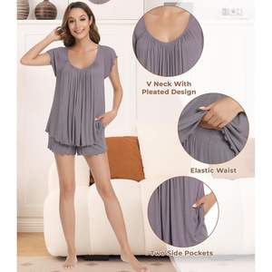 Conjunto de Pijama de Viscosa de Bambú para Mujer al por Mayor, Manga Corta, Cuello en V, Ropa de Dormir, Ropa de Estar por Casa, Tejido Suave, Conjunto de 2 Piezas - Product Image 4