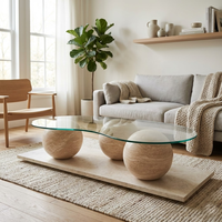 Table basse moderne en travertin avec plateau en verre, design personnalisé, meubles de salon pour villa et hôtel