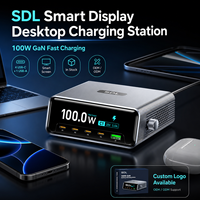 Station de charge de bureau 100W en gros, chargeur rapide GaN 5 ports USB-C avec affichage intelligent, chargeur multi-ports pour téléphones et tablettes