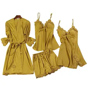 Hot Selling Satin Silk Lace Pajamas Bath Robe Women 4 Piece Sleepwear Sets