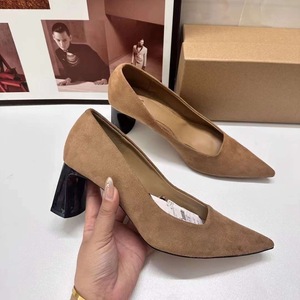 Nuevos Zapatos de Tacón Alto para Mujer, Tacones Gruesos, Zapatos de Tacón Alto Puntiagudos para Mujer, Color Sólido, Gamuza, Moda para Exteriores - Product Image 3