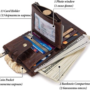 Men's Vintage Bifold Chain <b>Wallet</b> Real Leather <b>RFID</b> <b>Blocking</b> Double Zipper Coin Pocket Purse Anti-Theft Chain <b>Wallet</b> - Product Image 2