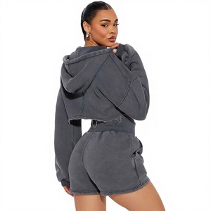 Conjunto Deportivo Personalizado de Otoño, Sudadera Corta con Cierre y Lavado Ácido 100% Algodón, Pantalones Deportivos de Cintura Alta con Corte Acampanado, Estilo Urbano - Product Image 1
