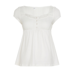 Camiseta de verano para mujer al por mayor, con encaje calado, de manga corta, holgada, estilo babydoll, informal y adelgazante - Product Image 6