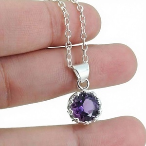 Handmade Dainty Amethyst 8mm 925 Sterling <b>Silver</b> Pendant Chain <b>Necklace</b> Bezel Setting Gemstone Locket Women's Birthday - Product Image 1