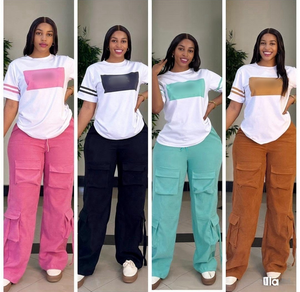 Completo Due Pezzi Casual da Donna: T-Shirt con Collo Tondo + Pantaloni Multi-Tasca, Abbigliamento Quotidiano alla Moda, Asciugatura Rapida, Set Semplice <span class=keywords><strong>Top</strong></span> e Pantaloni - Product Image 2