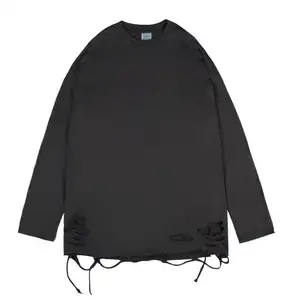 Yüksek kalite Streetwear Mens siyah alt kırık delik sıkıntılı Tee katı pamuk O boyun boş boy uzun kollu T Shirt