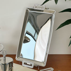 Manijas de bandeja de servicio de Metal de lujo a cuadros plateados de acero inoxidable para fiesta decoración del hogar restaurante Hotel platos - Product Image 1