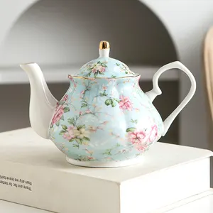 现代阿拉伯皇家豪华金圈花卉设计蓝瓷咖啡壶花式茶壶餐厅陶瓷茶壶