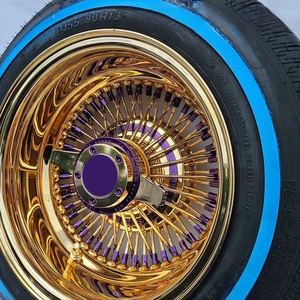 Ruedas Dayton Lowrider 13x7 Rev 100 con radios cruzados, completamente doradas, de 2 barras - Product Image 6