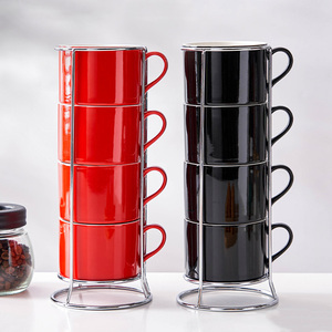 Juego de 4 Tazas de Café de Cerámica Personalizadas con Soporte Metálico, Tazas y Platillos Apilables para Espresso - Product Image 6