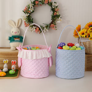 Vente en gros Paniers de Pâques avec nœud à volants vichy Panier de Pâques vide pour enfants avec broderie lapin - Product Image 2