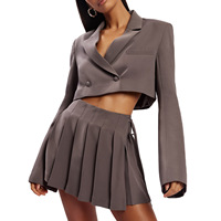 Jaket setelan midi kasual wanita bergaya Eropa Amerika, model musim gugur baru, lengan panjang model tanduk, kancing ganda, kesan mewah dan modis.