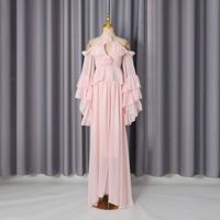 Ensemble deux pièces en mousseline rose clair à fleurs 3D, épaules dénudées, volants, manches évasées, crop top et jupe longue, vente en gros d'usine