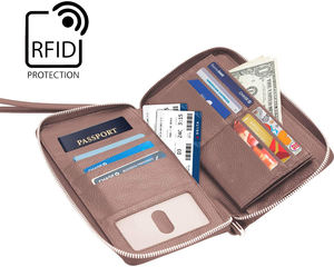Cartera organizadora de documentos de viaje RFID de cuero Rosa personalizada, porta pasaporte para Mujer y Familia - Product Image 4