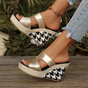 Mules compensées pour femme, personnalisables OEM/ODM, direct usine, doré métallisé pied-de-poule, style espadrille, plateforme, bout ouvert, à enfiler, confort estival - Product Image 2