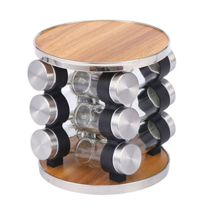 ชั้นวางขวดเครื่องเทศไม้หมุนได้พร้อมชุดขวดแก้วสแตนเลสและฐานหมุน - Product Image 1