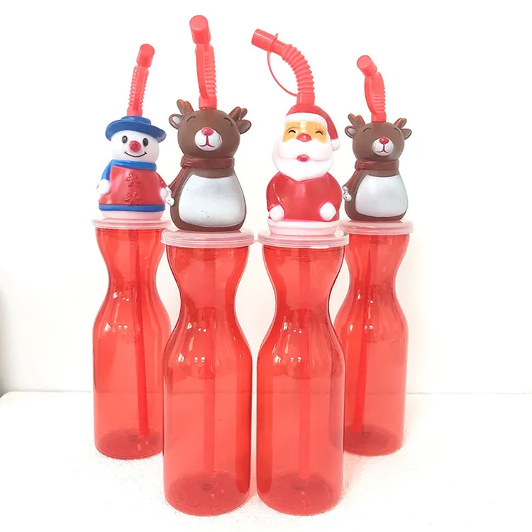 Garrafa plástica com desenhos animados para beber, copo criativo de desenhos animados com canudos de 500ml para presente de natal, homem de neve, papai noel, canecas