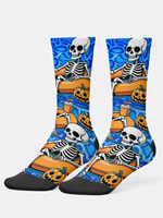 Chaussettes de sublimation d'Halloween en gros, six paires assorties, motif squelette d'automne, pour fête au bord de la piscine, fantaisie, antidérapantes, sportives, prêtes à être expédiées