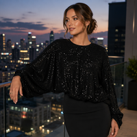 Sweat-shirt court noir à sequins pour femme, manches chauve-souris longues, col rond, ourlet froncé élastique, style streetwear automne, doublé, sexy, pour club