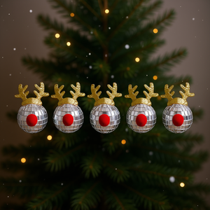 5 Piezas de Bolas de Espejo Plateadas de 30 cm con Cuernos de Reno Dorados y Nariz Roja, Adornos Reflectantes para Árbol de Navidad, Decoración Festiva de Plástico para Navidad - Product Image 2
