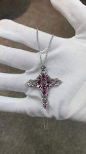 Collar con Colgante de Cruz de Moda, Perla de Imitación, Rubí Cultivado en Laboratorio, Cadena de Eslabones, Estilo Romántico para Fiesta, Certificado de Tasación de Terceros - Product Image 5