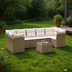 Conjunto de Sofás de Jardín de Ratán Sintético Beige Moderno, Muebles de Exterior, Diseño Modular Cómodo, Cojines de Espuma de Alta Densidad - Product Image 2