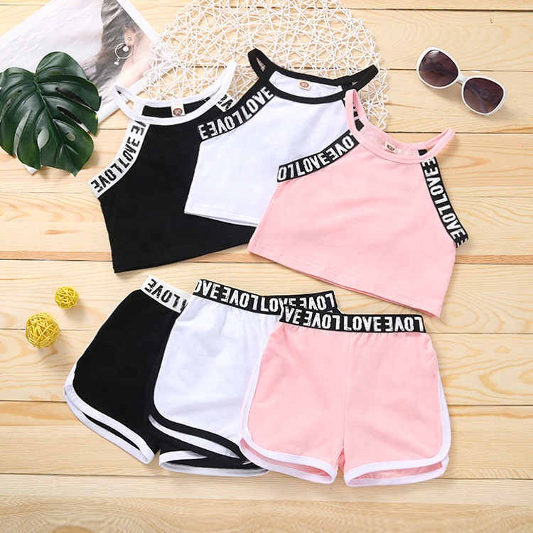 Wholesale baby girls summer sets corp top and solid shorts sets toddler girls fashion sports wear 2-6T girls clothing