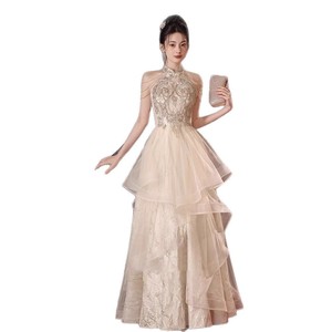 Halter-neck Evening Gown Champagne Color Empire Waist 3D Patterns Coming-of-age Ceremony Dress - Product Image 5