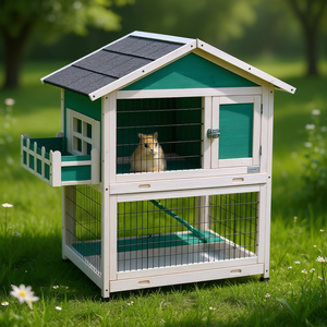 Casa para conejos Lemont de 2 pisos, de madera, con bandeja extraíble, techo impermeable, jaula para conejos de interior y exterior, estilo clásico - Product Image 2