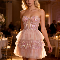 Robe de bal courte Ocstrade rose poudré sans bretelles, corset, sequins, dentelle, tulle à volants, mini, pour soirée de remise de diplôme, cocktail, élégante et formelle