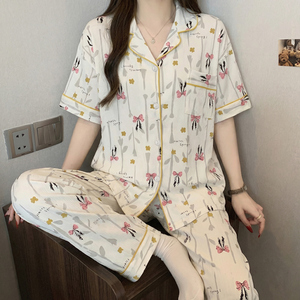 Vendita all'ingrosso di pigiami estivi da donna in stile coreano boho-chic: top a maniche corte e pantaloni lunghi in tessuto stropicciato - Product Image 3