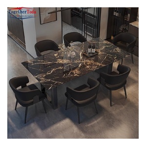 Ensemble de salle à manger moderne de luxe 6 places, plateau en marbre noir et or, structure en acier inoxydable, meubles de cuisine et de salle à manger - Product Image 1