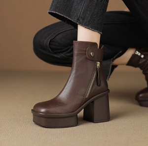 Botas Chelsea Impermeables de Cuero Vacuno con Patrón Sólido, Forro de Piel de Oveja, Botas de Invierno para Mujer con Cierre, por Encima de la Rodilla, Punta Puntiaguda, Tacón de Cuña, Nuevas - Product Image 6