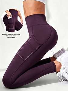 Leggings Yoga a Vita Alta, Lunghi, Viola Tinta Unita, con Tasche, Senza Cuciture, Traspiranti, Elasticizzati in Quattro Direzioni, Taglia XXL - Product Image 2