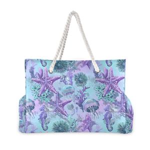 Summer Bohemian Style Women's Tote Purple Starfish Jellyfish Print Custom Logo Nylon Large <b>Beach</b> Tote <b>Bag</b> with Rope Handles - Product Image 3