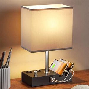 Lámpara de Mesa LED Moderna con USB Tipo C, Interruptor de Botón, <span class=keywords><strong>2</strong></span> Tomas de Corriente, Protección Ocular, Cuerpo de Hierro para Cabecera de Dormitorio o Escritorio - Product Image 3