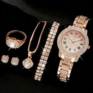 Nouvelle montre tendance pour femme, ensemble de bijoux or, argent, or rose, strass scintillants, collier, bracelet, bagues, boucles d'oreilles, cadeau hip-hop - Product Image 4