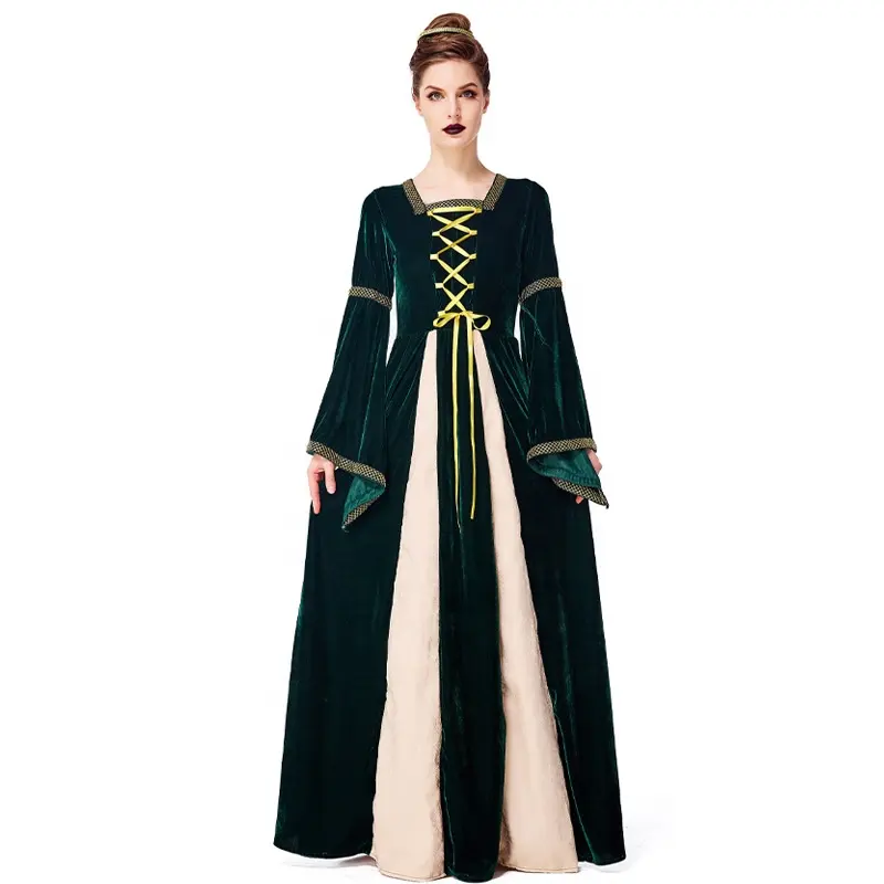 فستان بنمط الأرستقراطي بتصميم أوروبي عتيق من العصور الوسطى باللون الأخضر الغامق مناسب للهالوين للبالغين